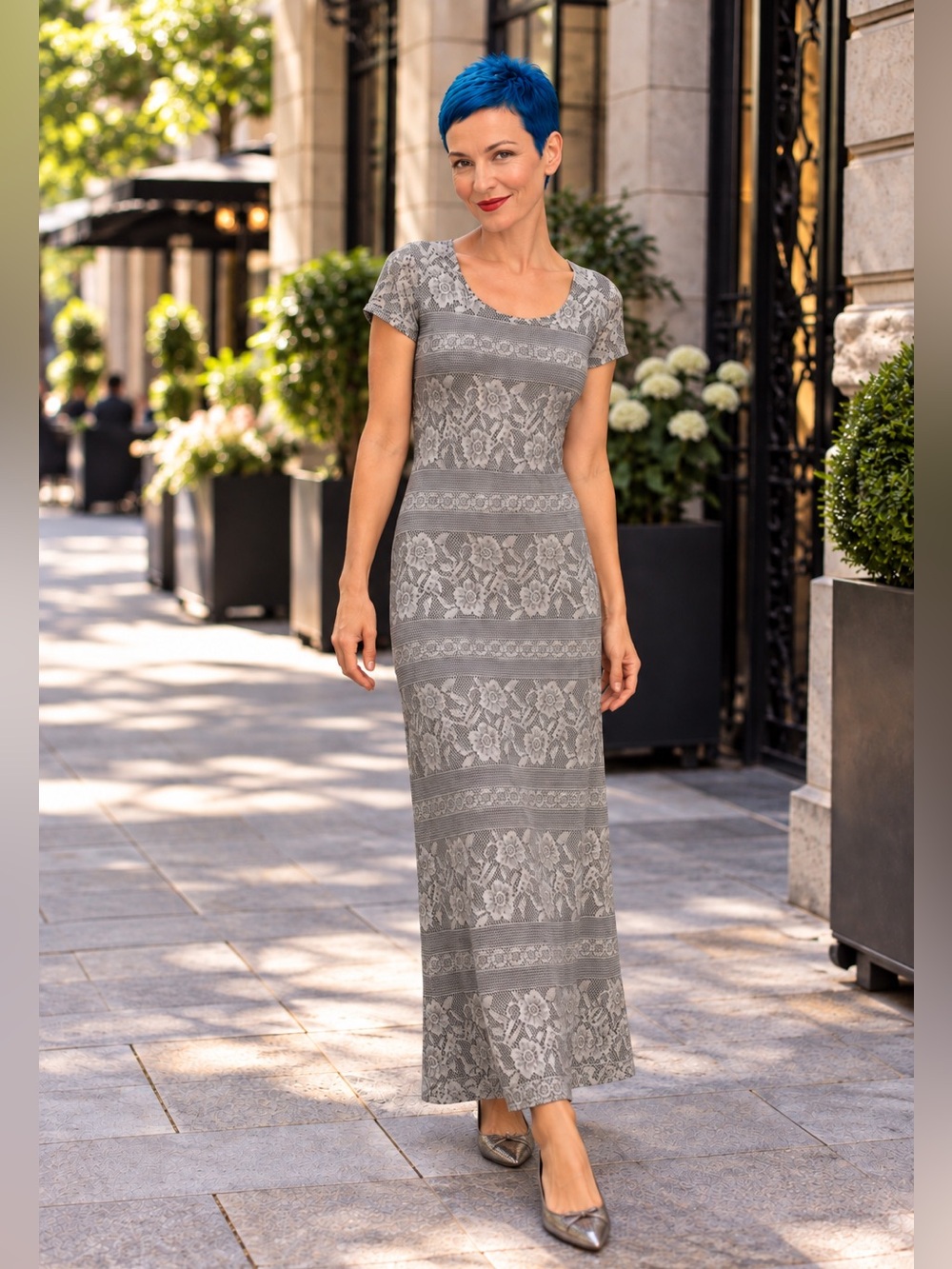 Vintage Jessica Howard Silver Metallic Crochet Lace Maxi Dress 4P Petite